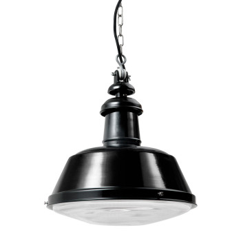 Bolichwerke Berlin Glas suspension lamp, 315 mm, cast aluminium mounting with nickel-plated chain, black PVC cable, steel plate outside jet black