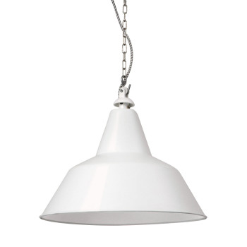Bolichwerke Bielefeld suspension lamp, 450 mm, cast aluminium mounting with nickel-plated chain, black-white fabric cable, steel plate pure white