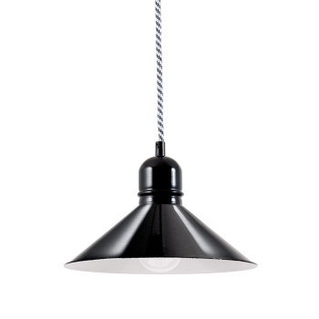 Bolichwerke Bitburg suspension lamp, 240 mm, cable suspension, black-white fabric cable, steel plate outside jet black