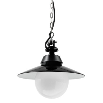 Bolichwerke Bremen Kugel 60W suspension lamp, 250 mm, cast aluminium mounting with nickel-plated chain, black fabric cable, steel plate outside jet black