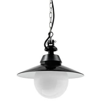 Bolichwerke Bremen Kugel 100W suspension lamp, 250 mm, cast aluminium mounting with nickel-plated chain, black fabric cable, steel plate outside jet black